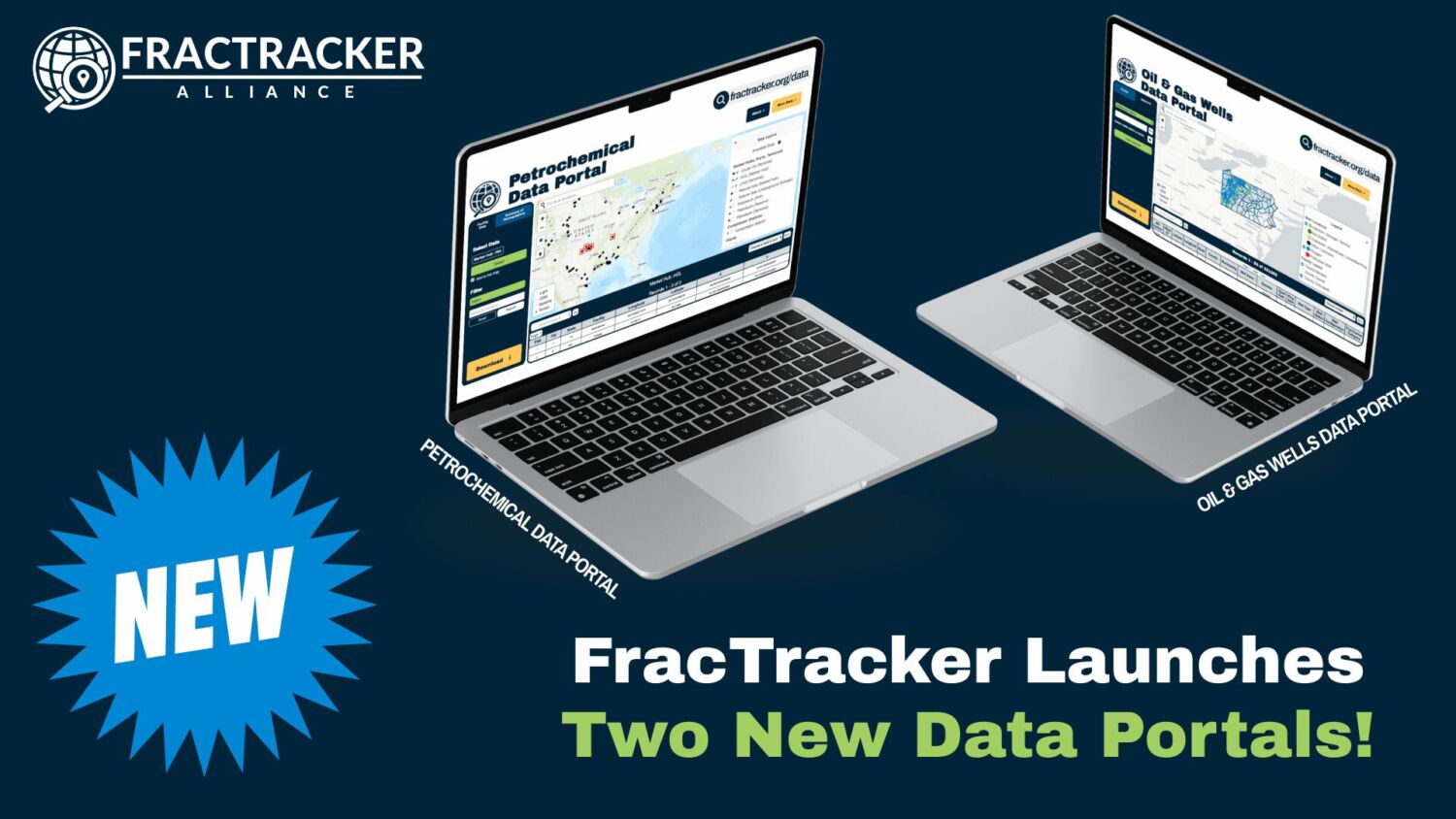 Promotional graphic showing laptops with FracTracker’s Oil & Gas Wells Data Portal and Petrochemical Data Portal on screen, announcing two new data portals.