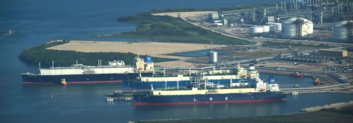 LNG tankers docked at Sabine Pass LNG, LA on the Gulf Coast. Photo credit: Ted Auch, 2023.