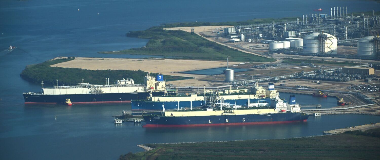 LNG tankers docked at Sabine Pass LNG, LA on the Gulf Coast. Photo credit: Ted Auch, 2023.