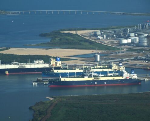 LNG tankers docked at Sabine Pass LNG, LA on the Gulf Coast. Photo credit: Ted Auch, 2023.