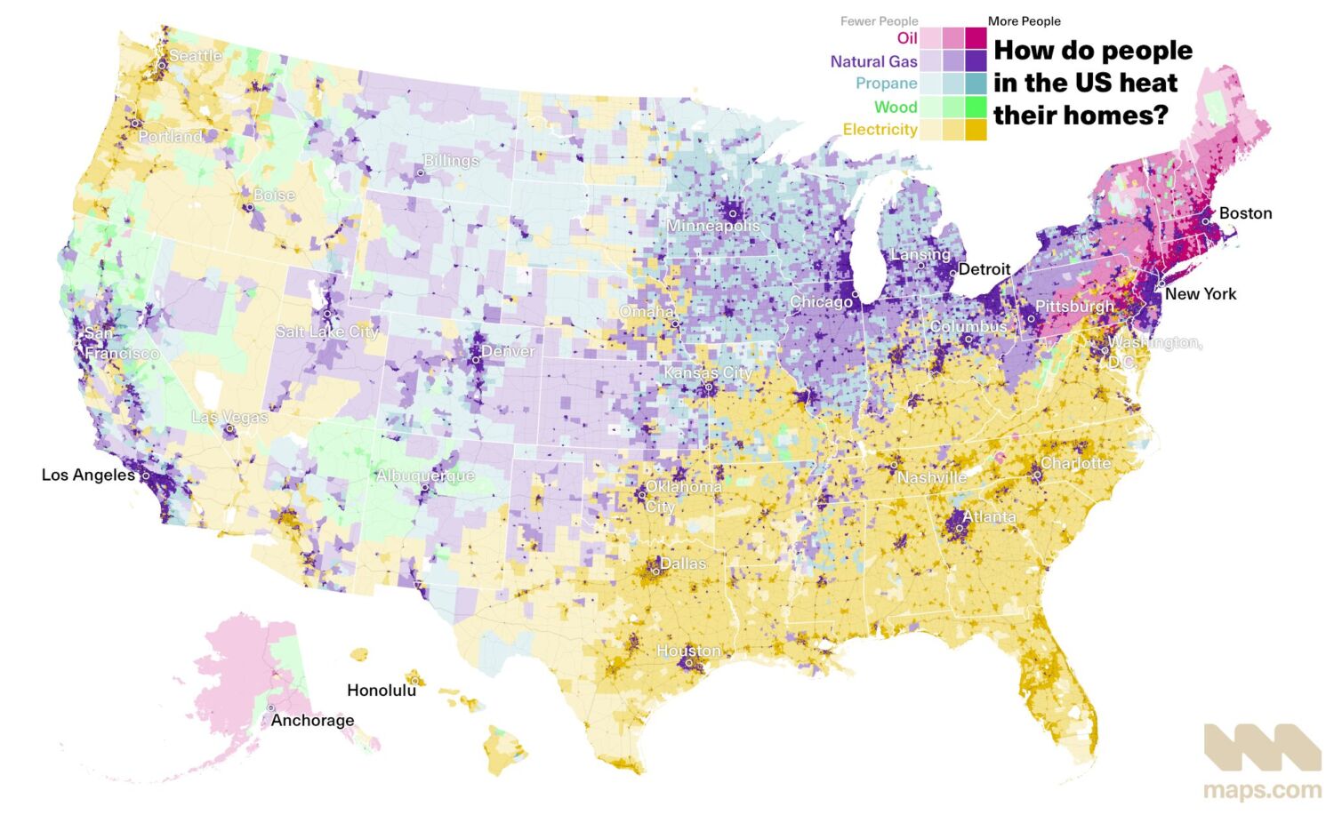 U.S. home heating trends according to data from the American Community Survey completed in 2021. Source: Maps.com.